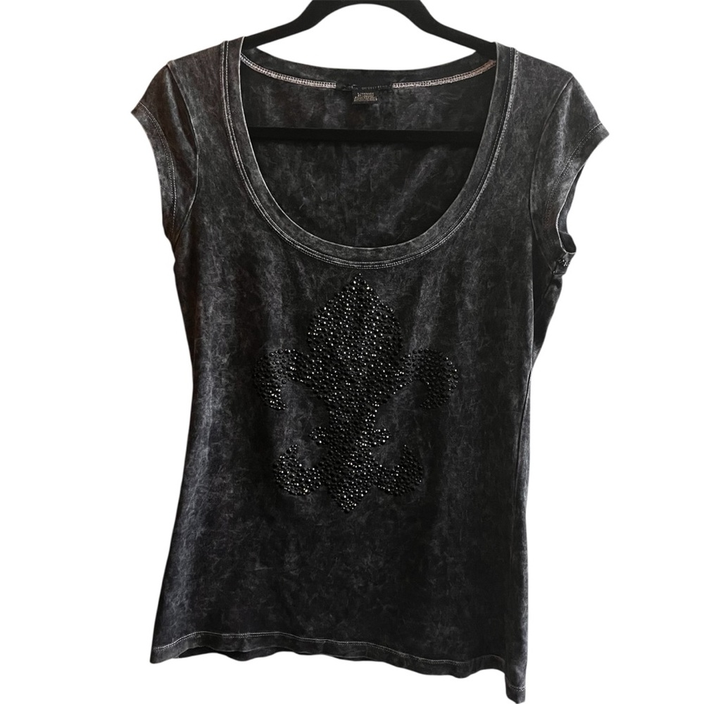 Zenana Outfitters Gray black acid washed Beaded Fleur-de-Lis Top juniors large L